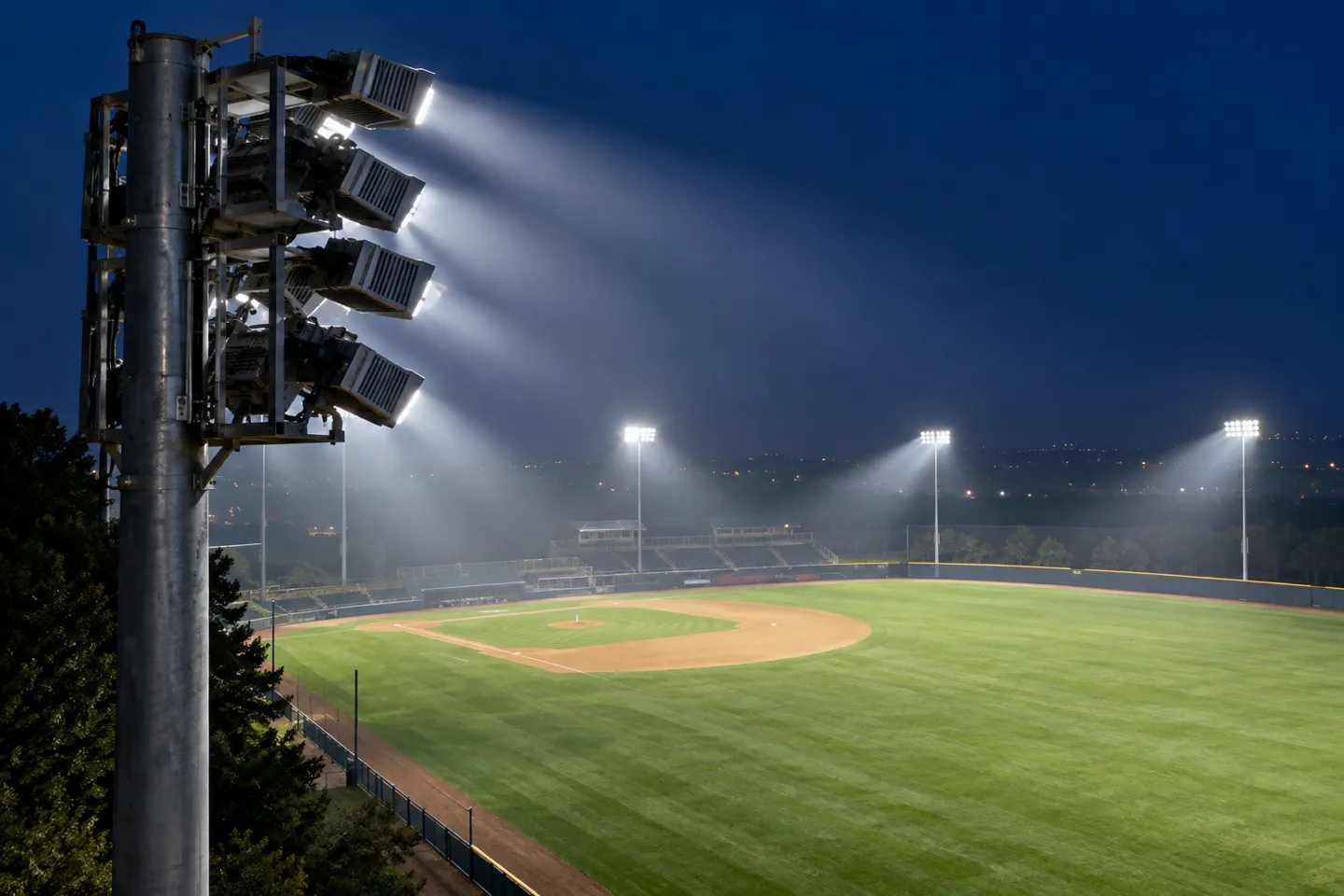 Apparecchi di illuminazione a LED per campi da baseball, orientati con diversi angoli di fascio, che diffondono la luce da un unico palo sia sul campo interno che sul campo esterno più lontano.