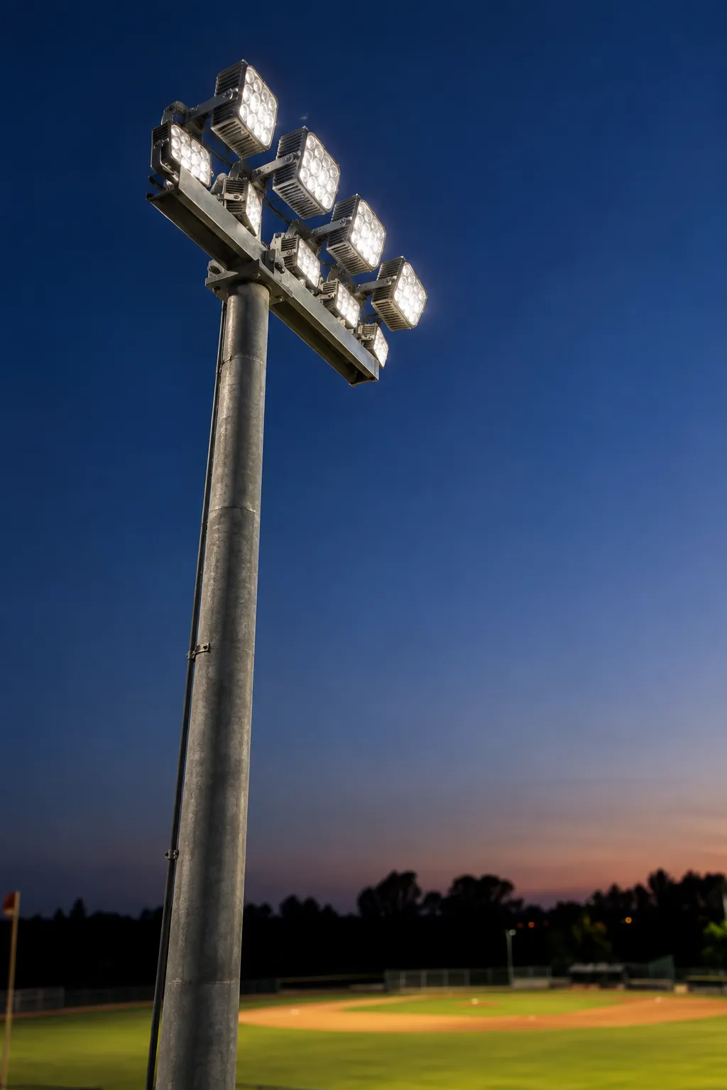 Una fila di faretti a LED per l'illuminazione del campo da baseball, montati su un alto palo zincato sopra il diamante al crepuscolo, con il campo interno sfocato in primo piano.