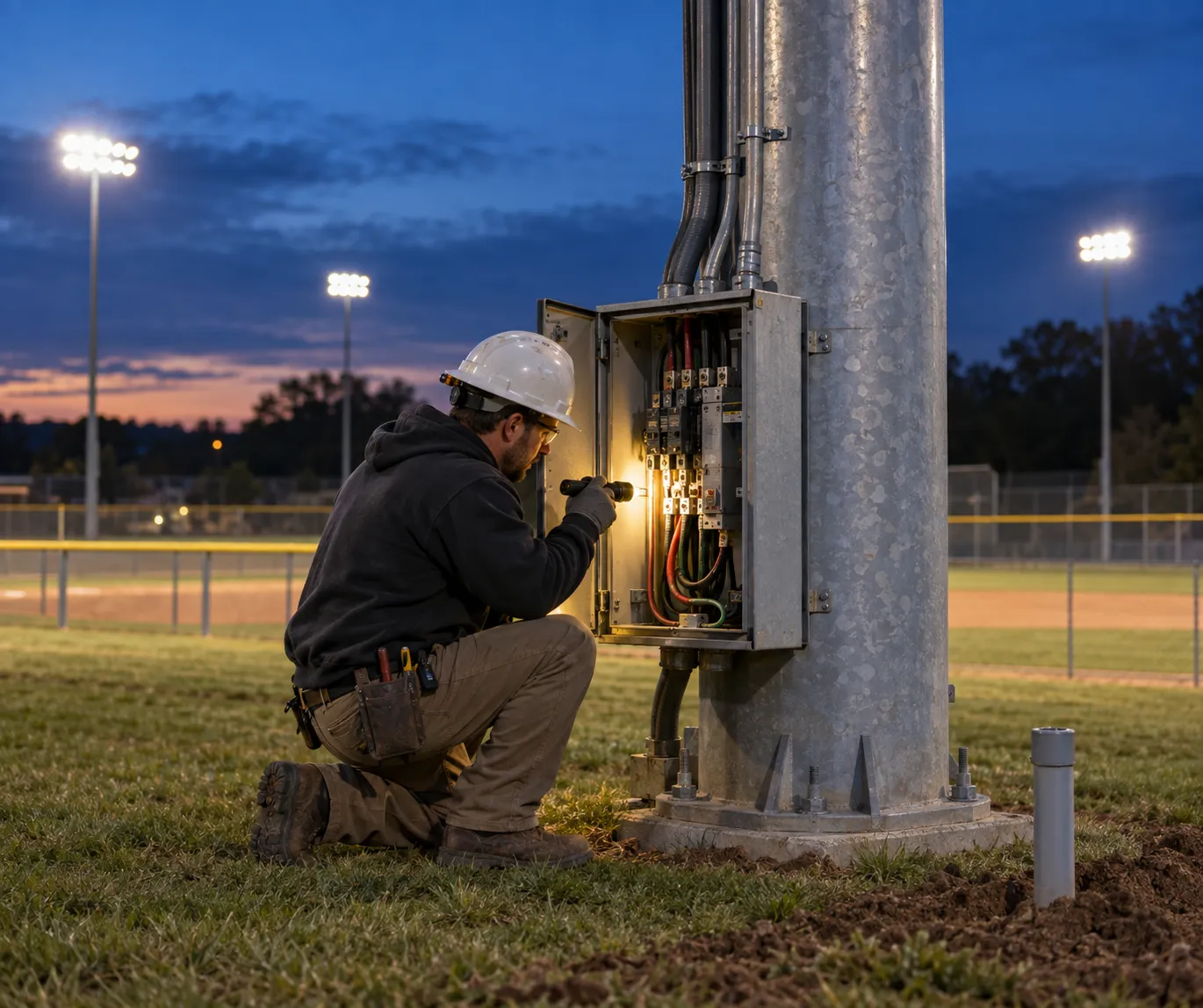 Un elettricista sta ispezionando l'armadio di sezionamento alla base di un palo di illuminazione di un campo da baseball, con un condotto che sale verso i proiettori situati in alto.