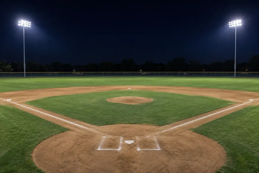 Un campo da baseball comunale illuminato di notte da alti pali di illuminazione da stadio: il risultato finale di un sistema di illuminazione ben progettato.