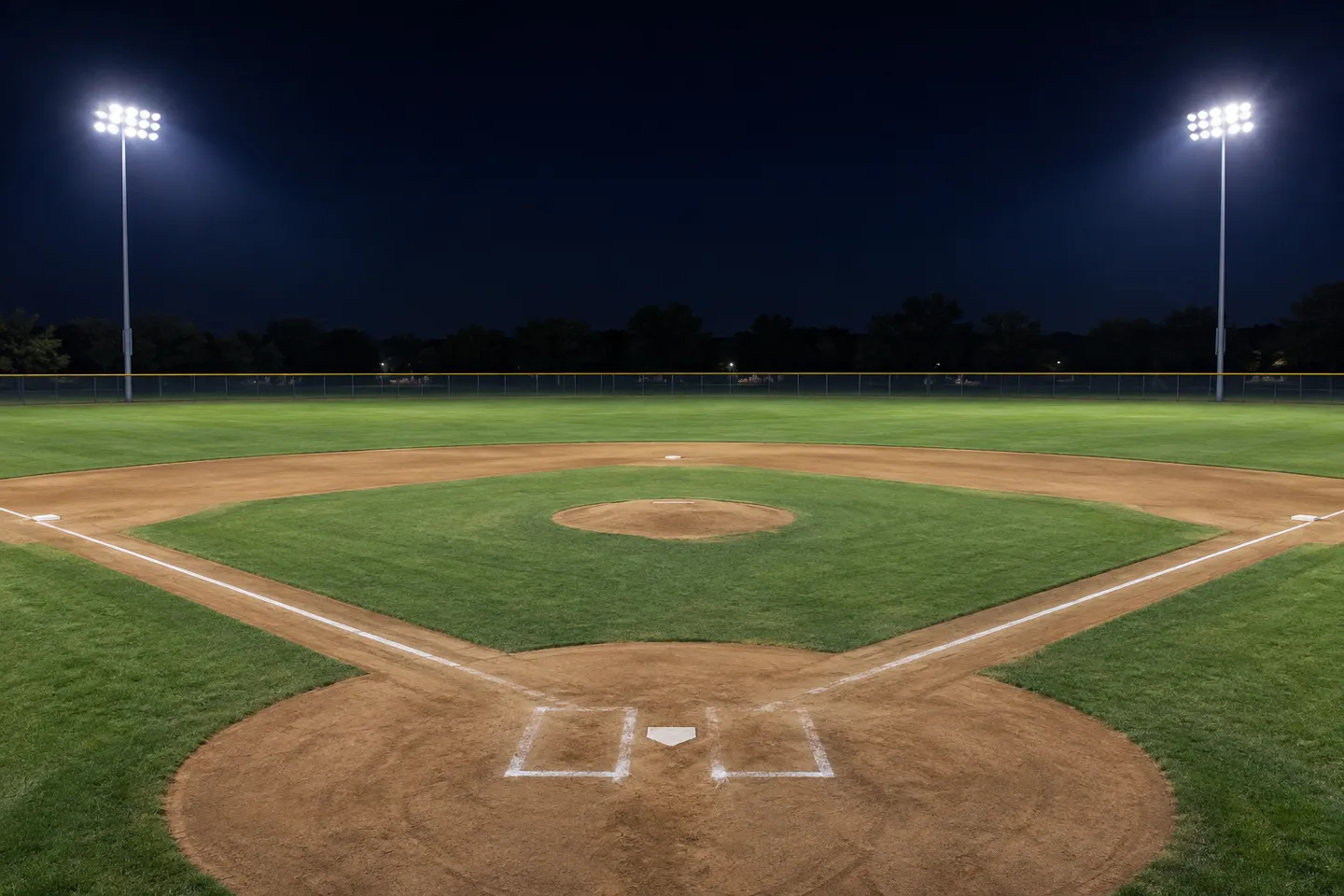 Un campo da baseball comunale illuminato di notte da alti pali di illuminazione da stadio: il risultato finale di un sistema di illuminazione ben progettato.
