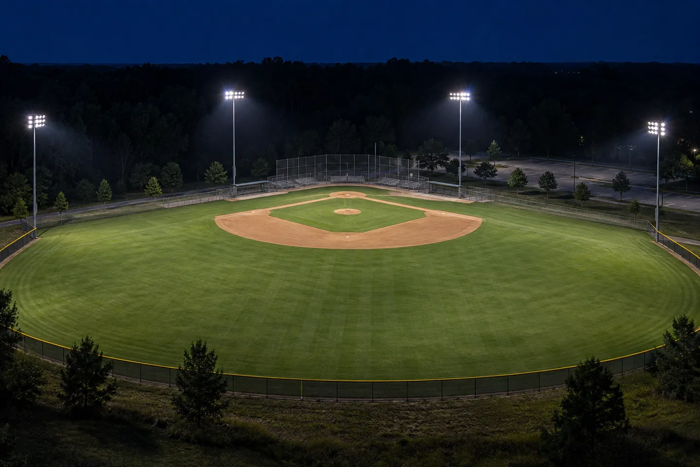 Vista notturna dall'alto dell'impianto di illuminazione di un campo da baseball, con quattro pali posizionati attorno alla rete di protezione e agli spazi tra le basi esterne di un campo da baseball comunitario.