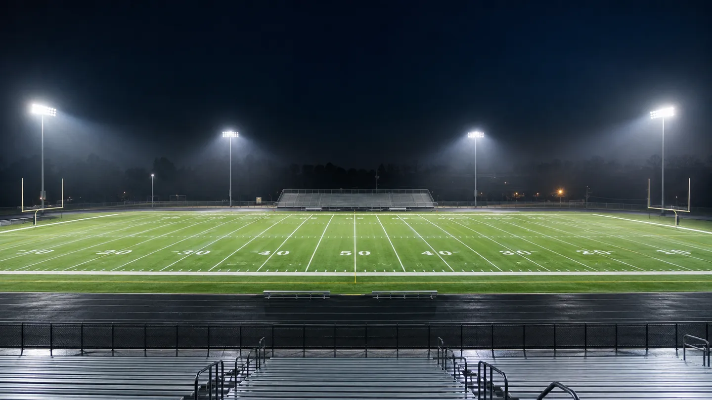 Un campo da football americano di una scuola superiore completamente illuminato di notte: il risultato finale di una progettazione completa dell’illuminazione che comprende apparecchi, pali, alimentazione e sistemi di controllo