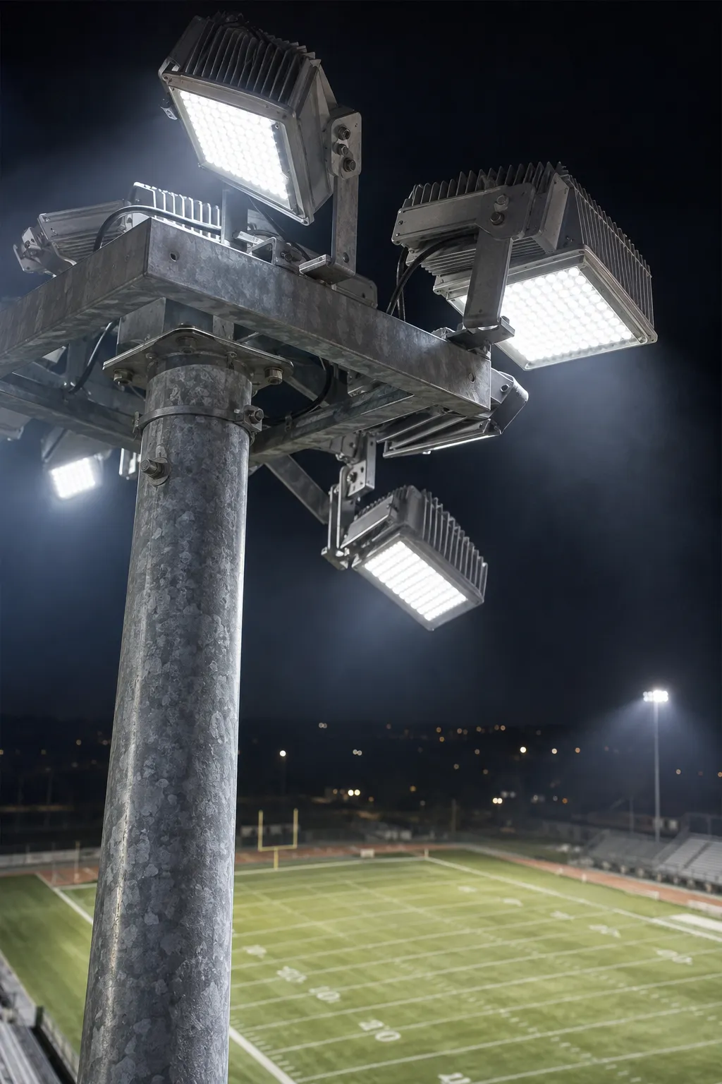 Una serie di proiettori a LED montati sulla testa di un palo dello stadio, con apparecchi orientati a diverse angolazioni, che mostra come un progetto di illuminazione per un campo da calcio combini diversi angoli di fascio anziché ripetere un’unica ottica