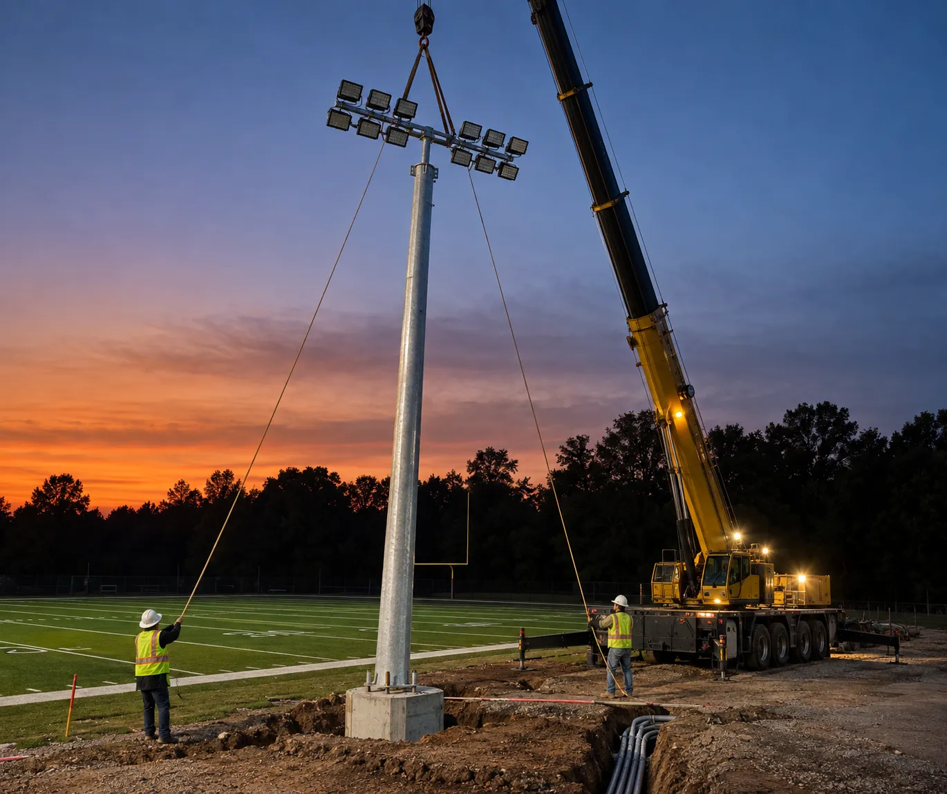 Una gru che posiziona un palo zincato per un proiettore sulla sua base in cemento durante l'installazione di un impianto di illuminazione per un campo da calcio, con la trincea per i cavi e i percorsi dei conduttori visibili alla base