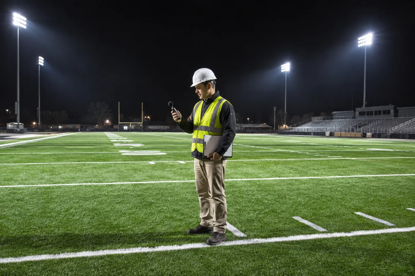 Un ingegnere che legge i valori di un luxmetro portatile durante i collaudi notturni su un campo da calcio illuminato da proiettori, confrontando i valori effettivi con lo studio fotometrico relativo al progetto di illuminazione del campo da calcio