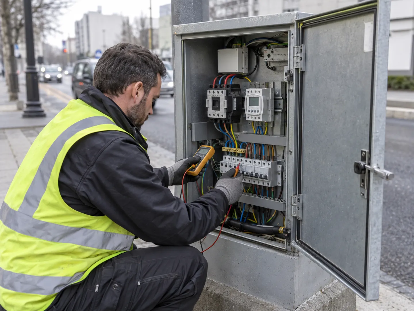 Um técnico testa o contactor e o temporizador no interior de um quadro de controlo de iluminação pública que liga e desliga todo um circuito de postes de iluminação