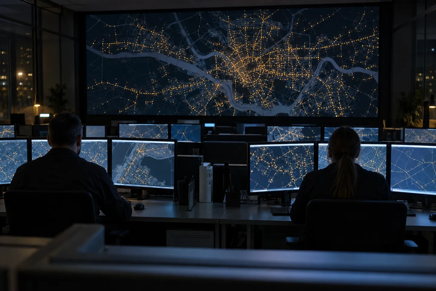 Os operadores monitorizam a rede de iluminação pública de toda a cidade a partir de uma sala de controlo do sistema de gestão central, que dispõe de um mapa das lâmpadas ligadas
