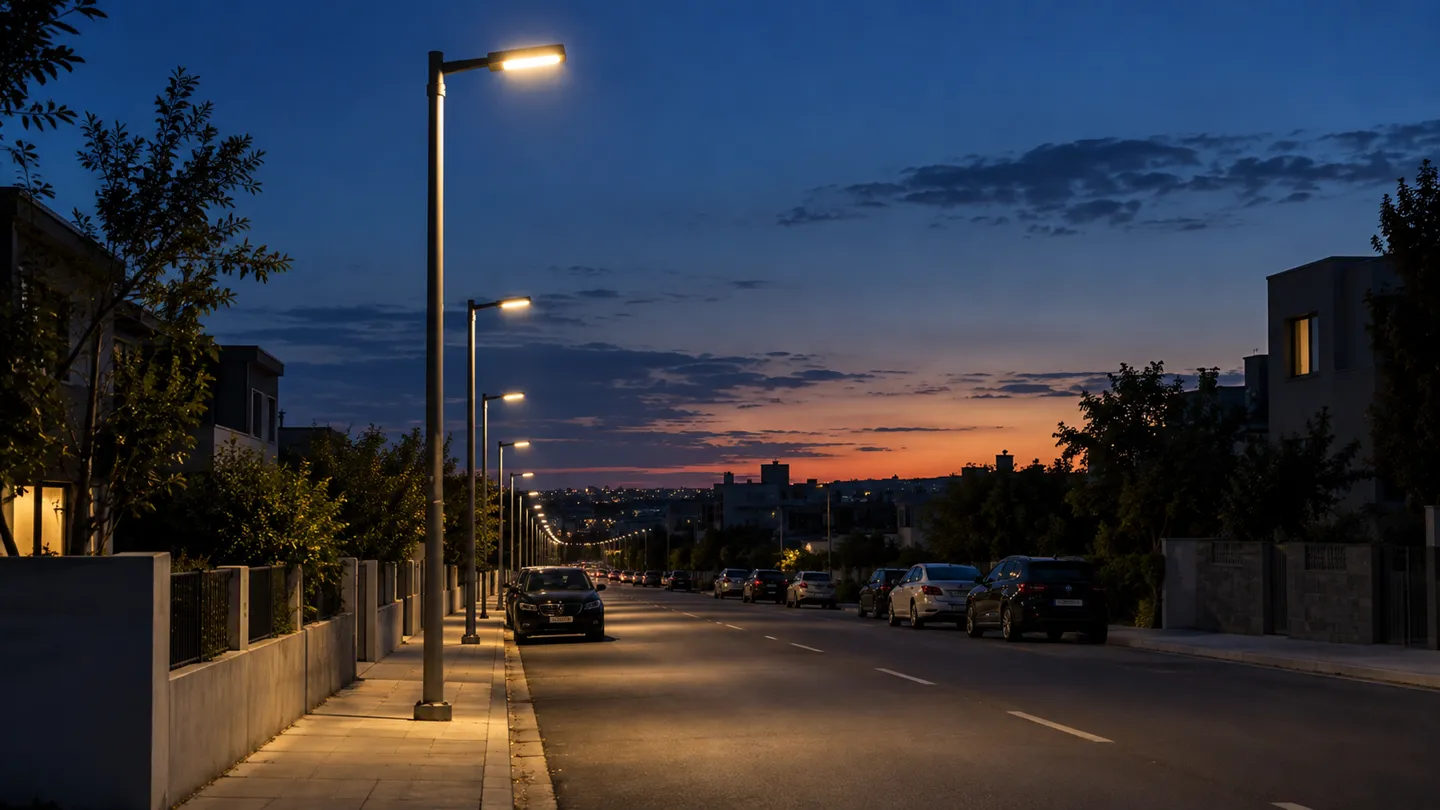 Os postes de iluminação pública que se acendem automaticamente ao anoitecer mostram como são controlados por fotocélulas que detetam a diminuição da luz do dia