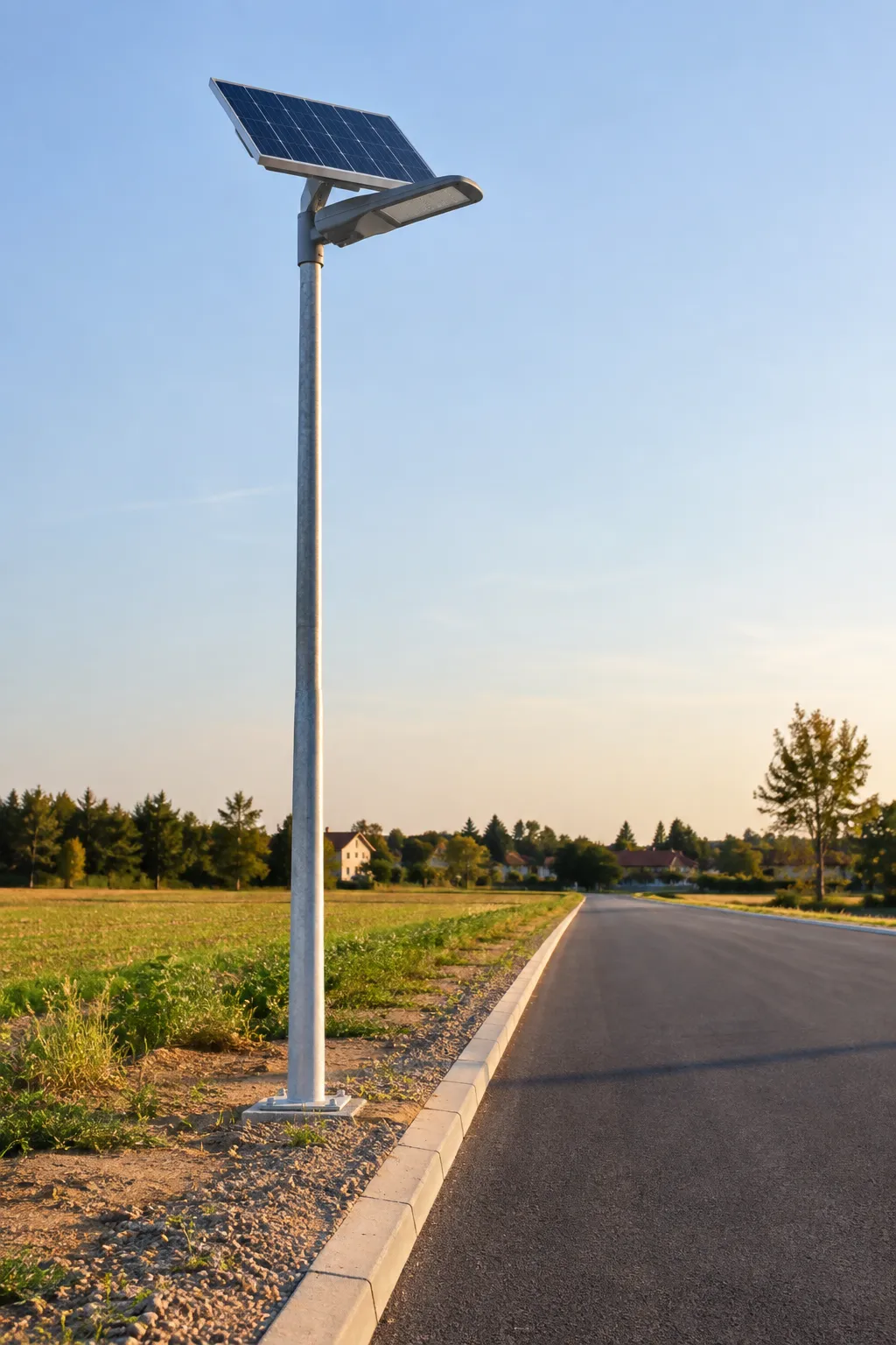 Um poste de iluminação solar com um painel fotovoltaico regula-se automaticamente através de um controlador de carga integrado, independentemente da rede elétrica