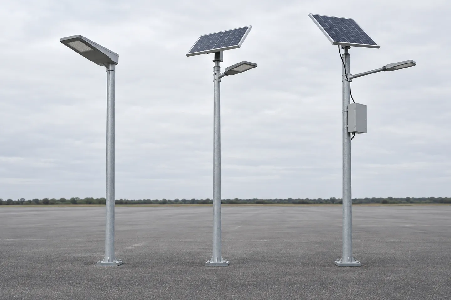 All-in-one, all-in-two, and split solar street light builds compared side by side