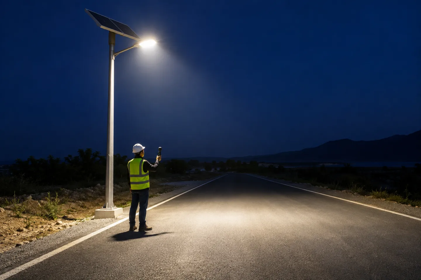 Engineer measuring road illuminance at night under a newly commissioned solar street light