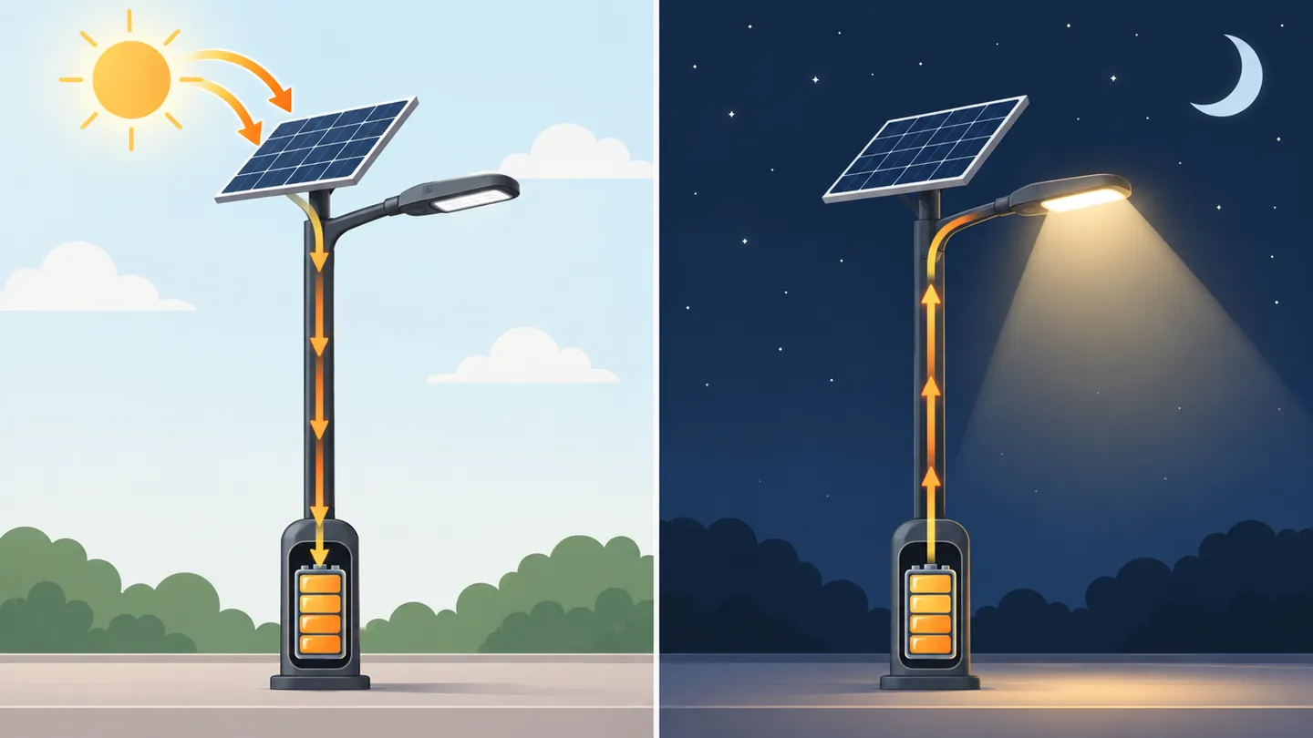Come funziona la batteria di un lampione solare: il pannello solare ricarica la batteria durante il giorno e la batteria alimenta il LED durante la notte