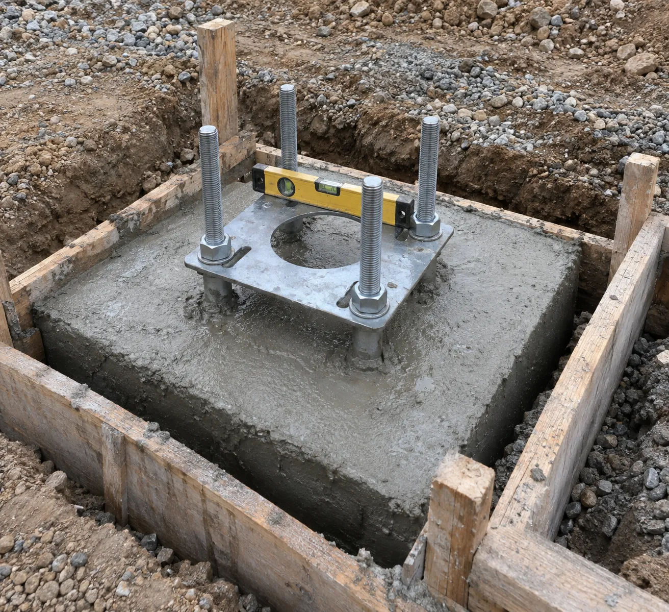 Concrete foundation for a solar street light pole with anchor bolts set in a steel template