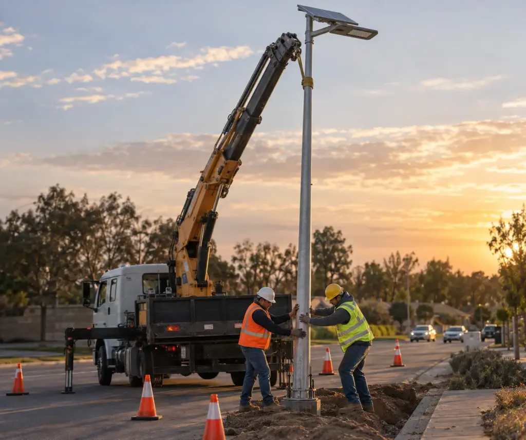 Operai impegnati nell'installazione di un lampione solare su palo con l'ausilio di un camion gru su una strada di periferia