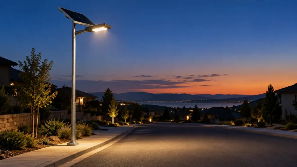 Lampione solare con un LED alimentato a batteria che si accende al crepuscolo su una strada di periferia