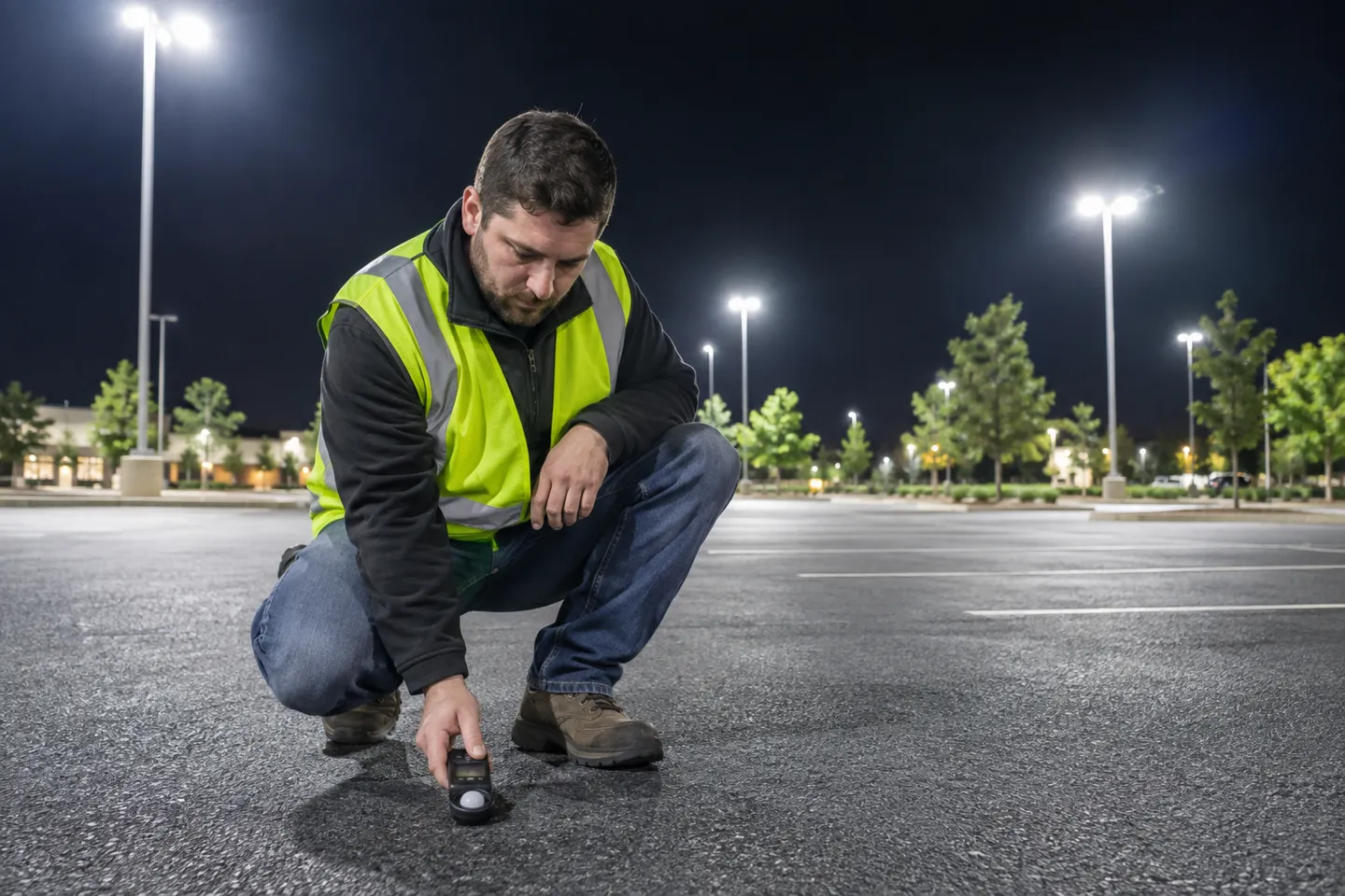 An engineer measuring illuminance with a handheld lux meter during a field uniformity acceptance test on a parking lot pavement.