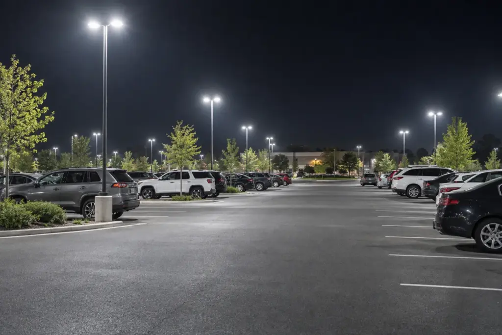 Even ground-level light distribution across a parking lot at night, the visible outcome that a lighting uniformity ratio is meant to guarantee.