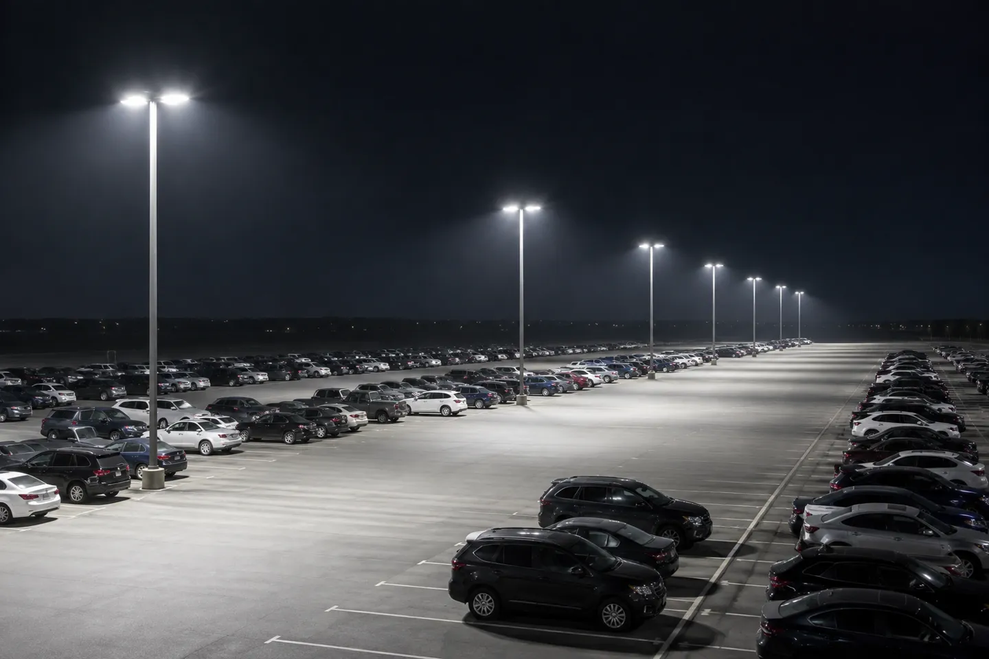 Overlapping light patterns from evenly spaced LED area light poles, where the spacing-to-mounting-height ratio shapes the lighting uniformity ratio on the pavement.