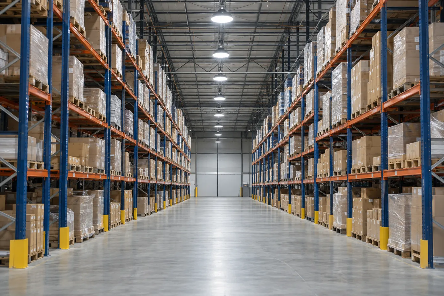 Wide-beam LED high-bay fixtures delivering uniform illuminance across a warehouse aisle, an example of how beam optics set the ceiling on lighting uniformity.