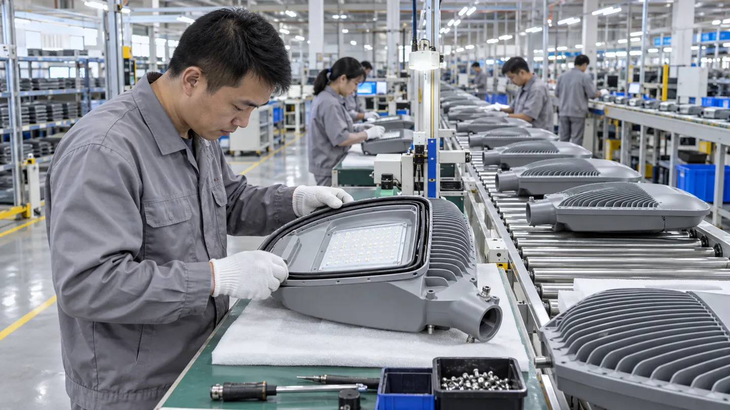 Workers assembling and inspecting LED street light heads on a luminaire factory line, the production depth municipal engineering buyers verify before awarding a tender