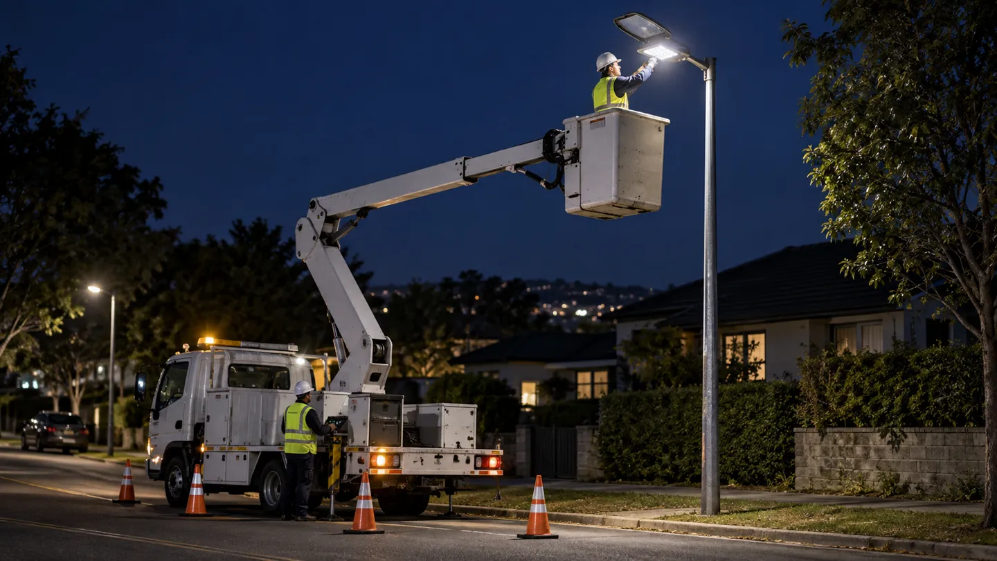 A maintenance crew reaches an LED road lantern from a bucket truck at night, the routine work that keeps a municipal engineering street lighting network alive