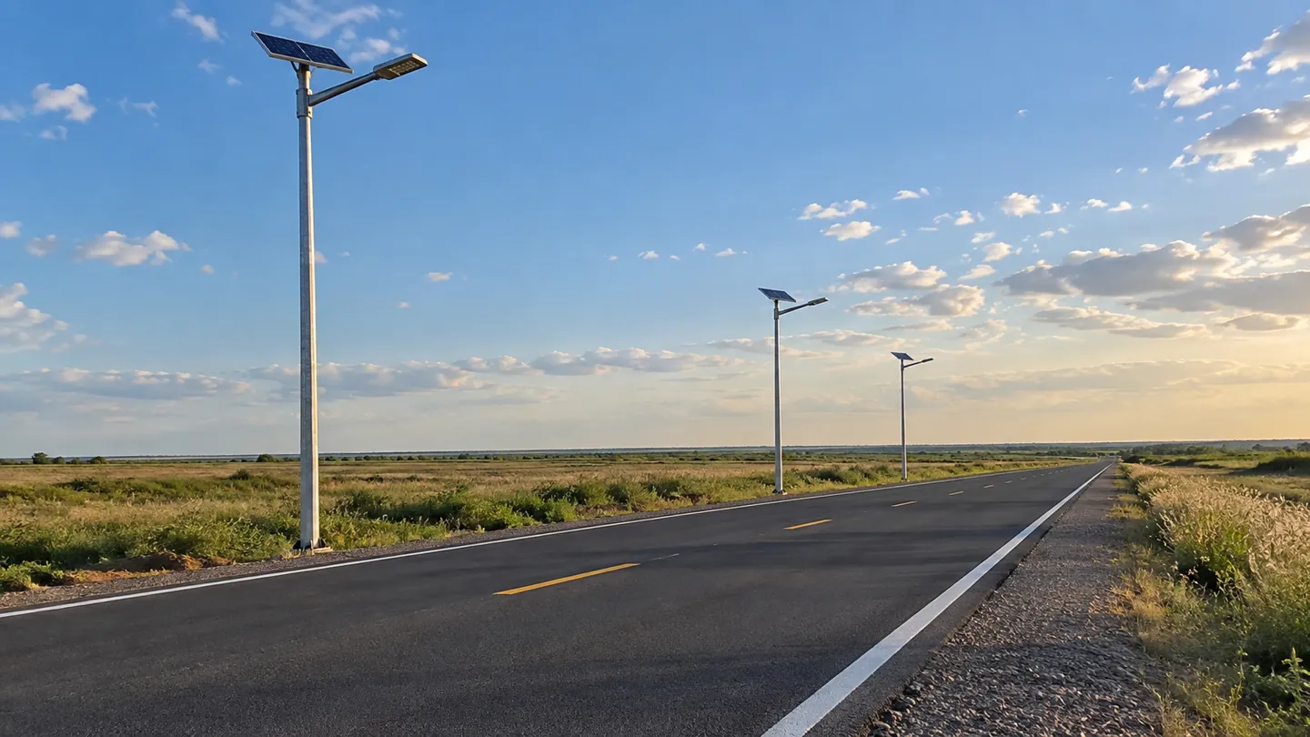 Solar street lights with photovoltaic panels along a rural two-lane road where trenching and grid cabling would dominate a municipal engineering budget