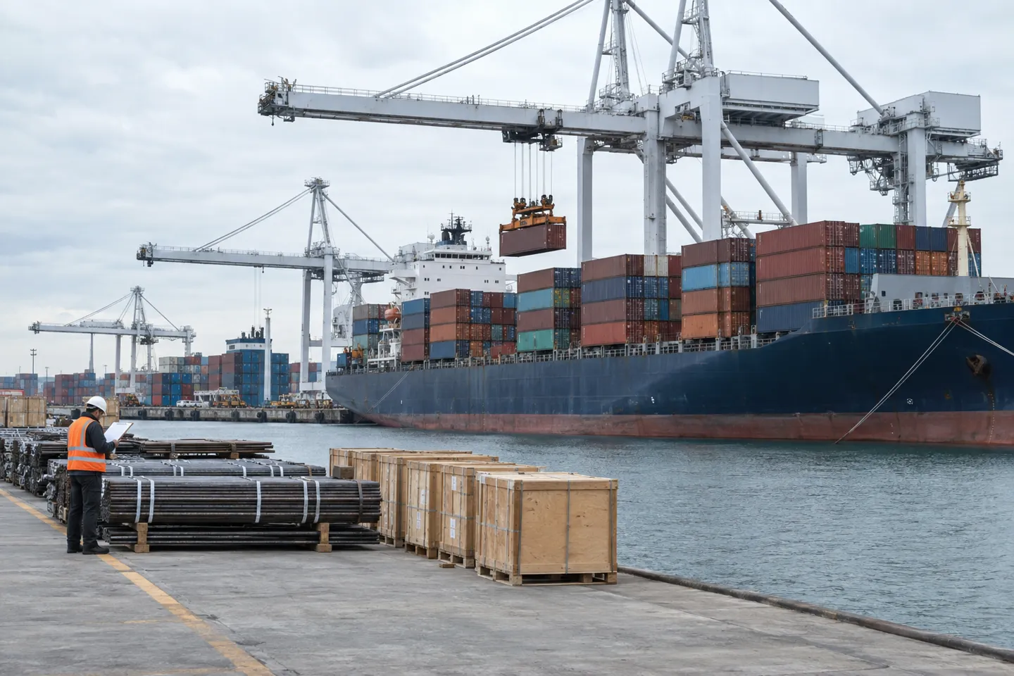 Trabalhador portuário a verificar postes de iluminação de aço empacotados e luminárias LED embaladas em caixotes junto a um navio porta-contentores num terminal de exportação, na fase de carregamento FOB de uma encomenda de iluminação pública municipal importada diretamente