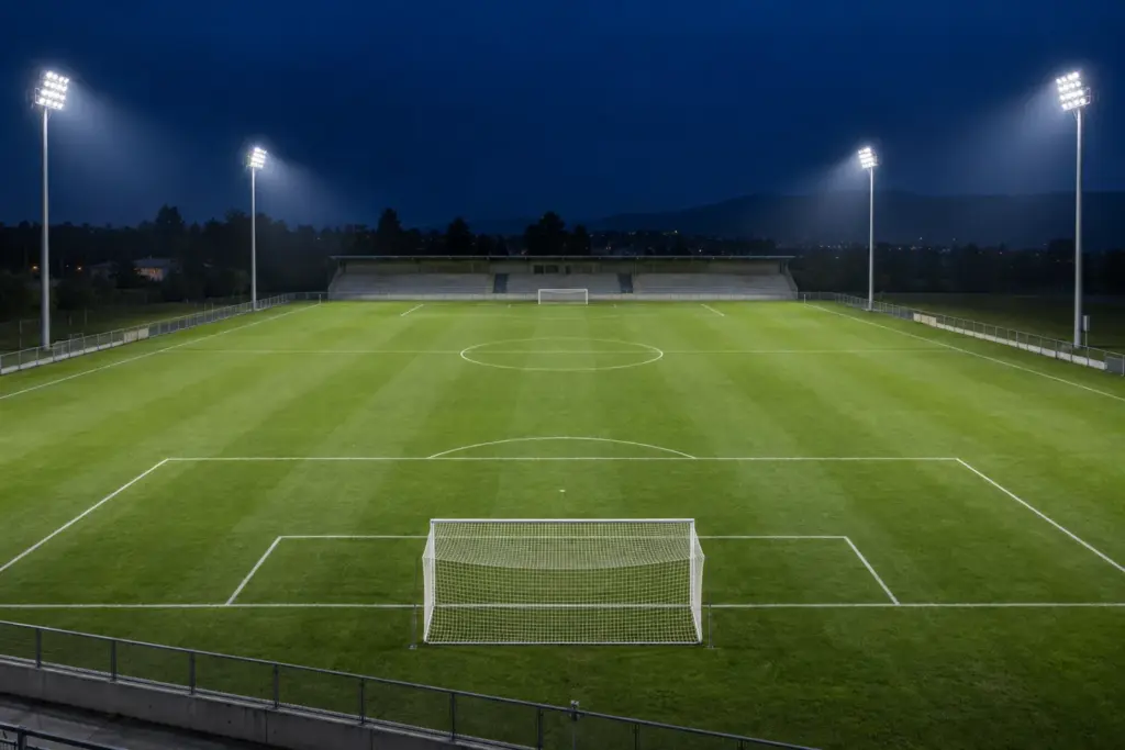 Un campo da calcio regolamentare illuminato di notte da torri con proiettori a LED: il risultato finale per cui, in definitiva, si paga ogni preventivo per l’illuminazione di un campo da calcio