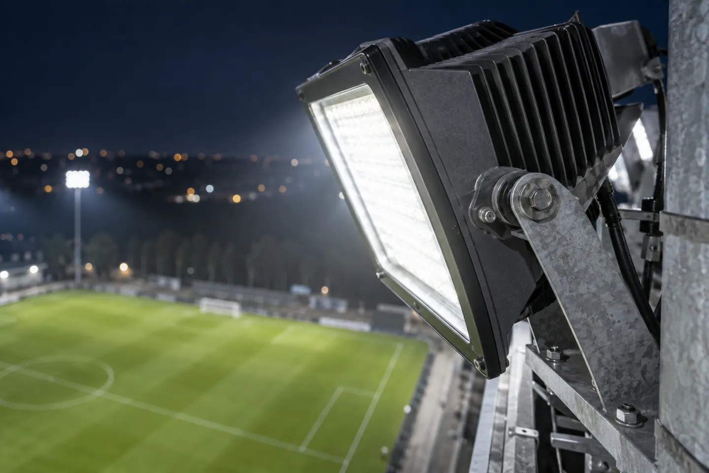 Un primo piano di un moderno proiettore a LED con alette di dissipazione del calore, montato su un palo dello stadio sopra un campo da calcio illuminato; l’efficienza dell’apparecchio determina il costo orario di funzionamento dell’illuminazione del campo da calcio