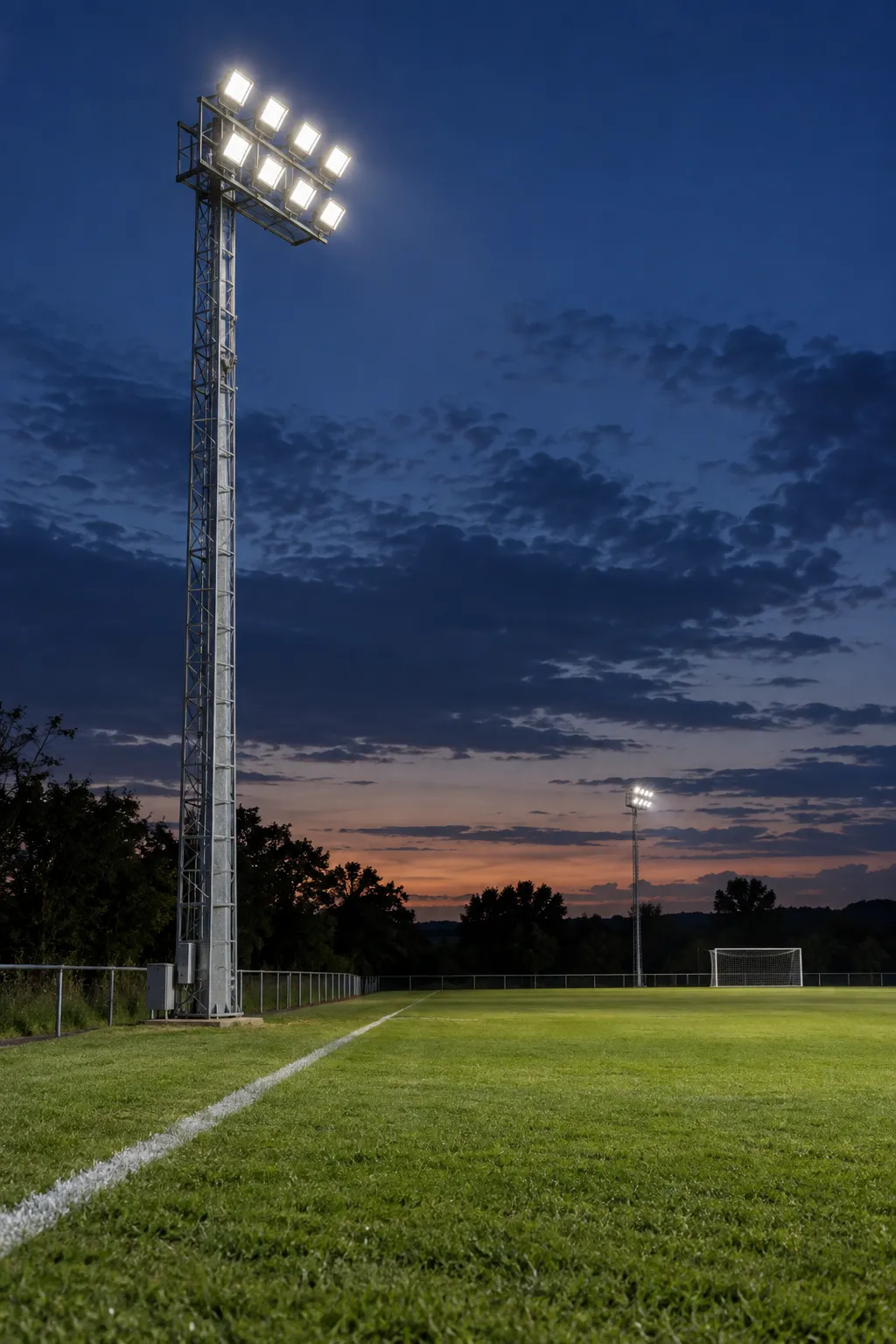 Un alto palo di illuminazione in acciaio zincato che sostiene una serie di apparecchi a LED all’angolo di un campo da calcio al crepuscolo: quella struttura che trasforma un budget destinato all’illuminazione in un budget per l’edilizia