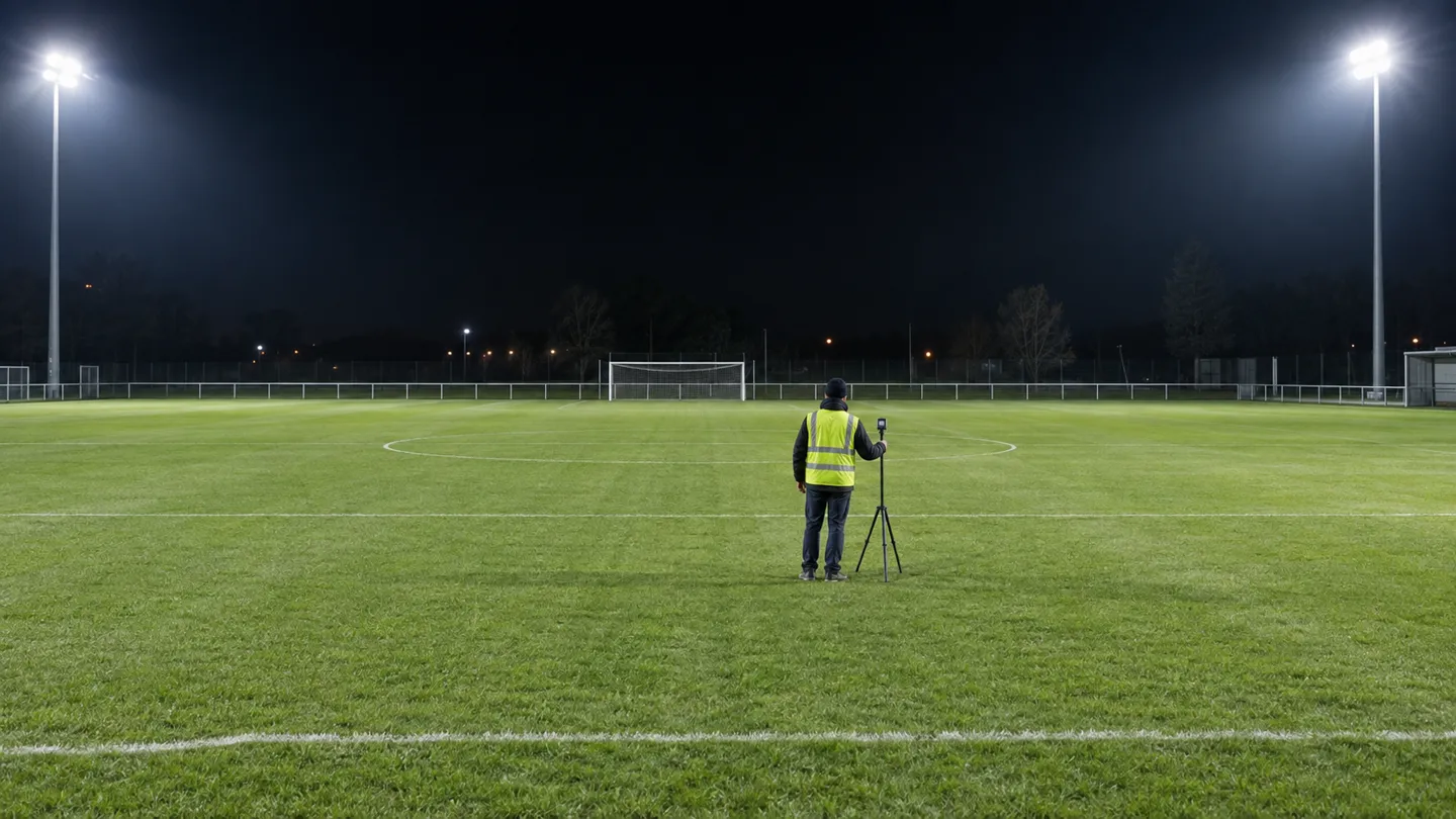 Un ingegnere con indosso un giubbotto ad alta visibilità che misura l'illuminamento con un esposimetro montato su un treppiede durante il sopralluogo di collaudo di un campo da calcio illuminato da riflettori