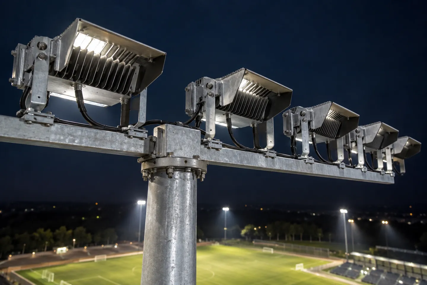 Proiettori LED per stadi dotati di alette di dissipazione del calore e visiere antiabbagliamento, montati su una traversa in acciaio: gli elementi che trasformano la potenza luminosa in lux misurati sul campo