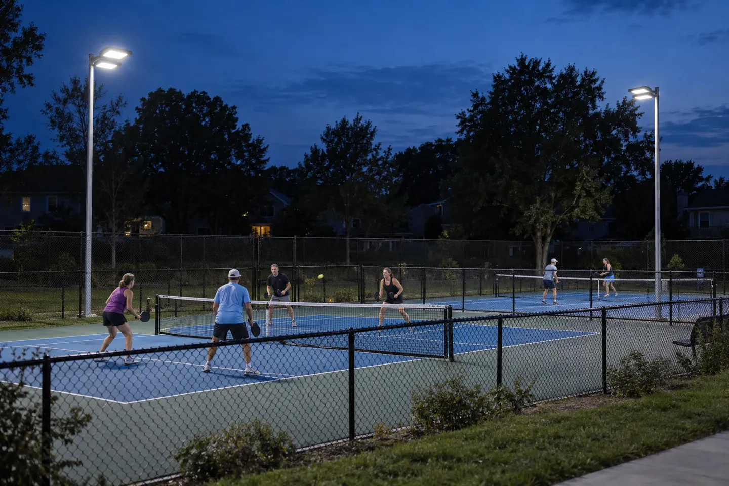 Campi da pickleball ricreativi illuminati al crepuscolo da modesti pali a LED alti sei metri: l’ambientazione tipica per un progetto di illuminazione sportiva di Classe III.