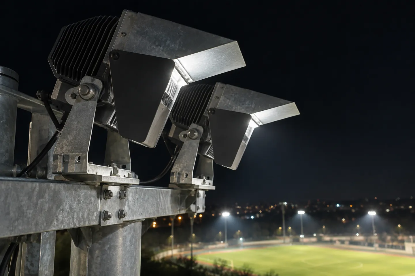 Proiettori sportivi a LED dotati di visiere a taglio totale montati su un palo da stadio: i dispositivi per il controllo dell’abbagliamento e della dispersione luminosa all’interno di un progetto di illuminazione sportiva di alto livello.