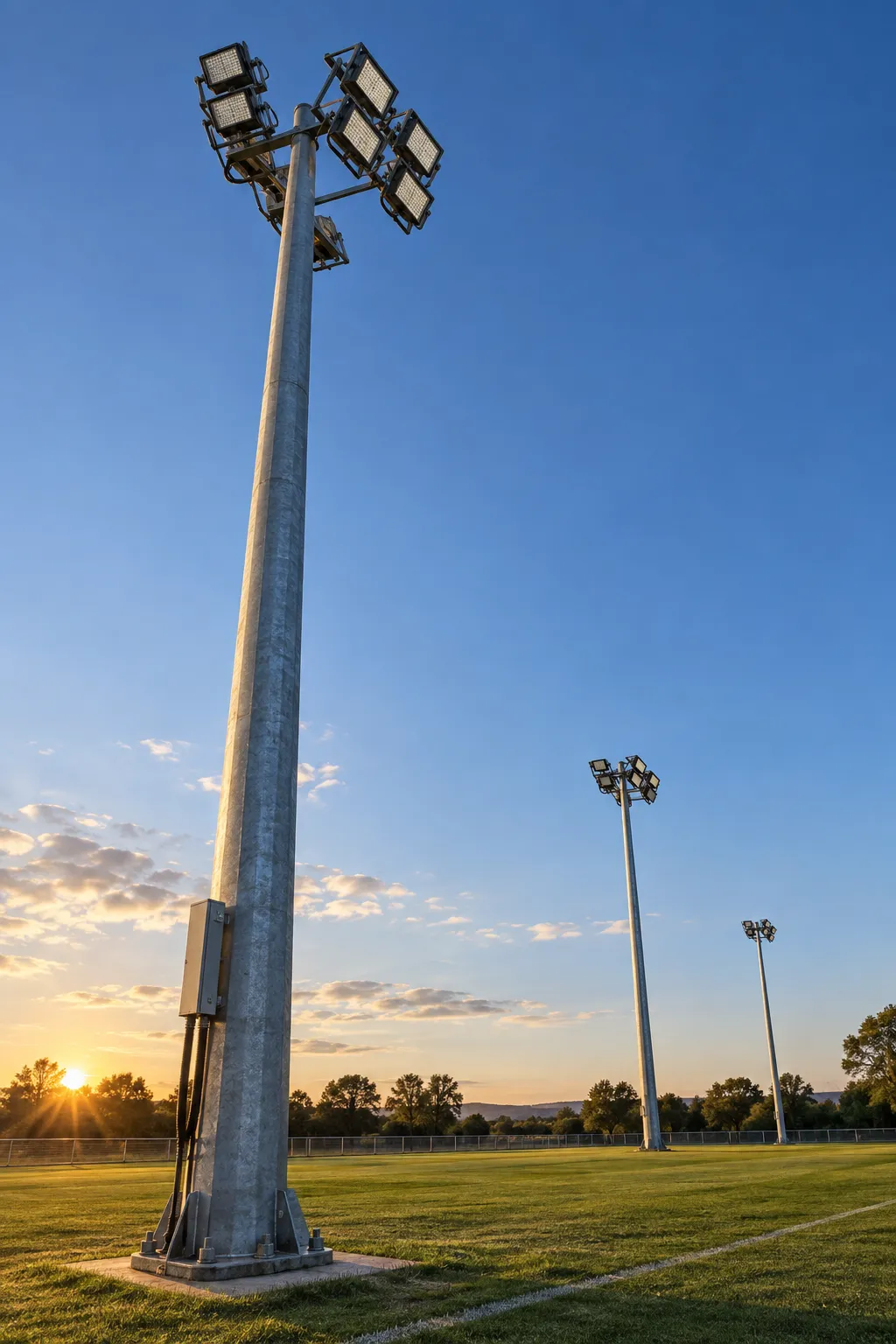 Galvanized steel stadium light poles carrying banks of rectangular LED floodlight fixtures on concrete foundations — the 20–28% share of stadium lighting cost that cannot be upgraded later.