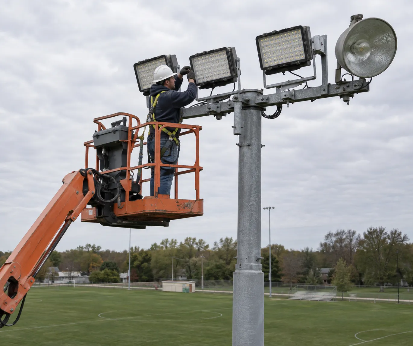 A technician on an aerial work platform bolts new LED floodlight fixtures onto an existing stadium pole beside an old metal-halide floodlight, a typical sports lighting retrofit.