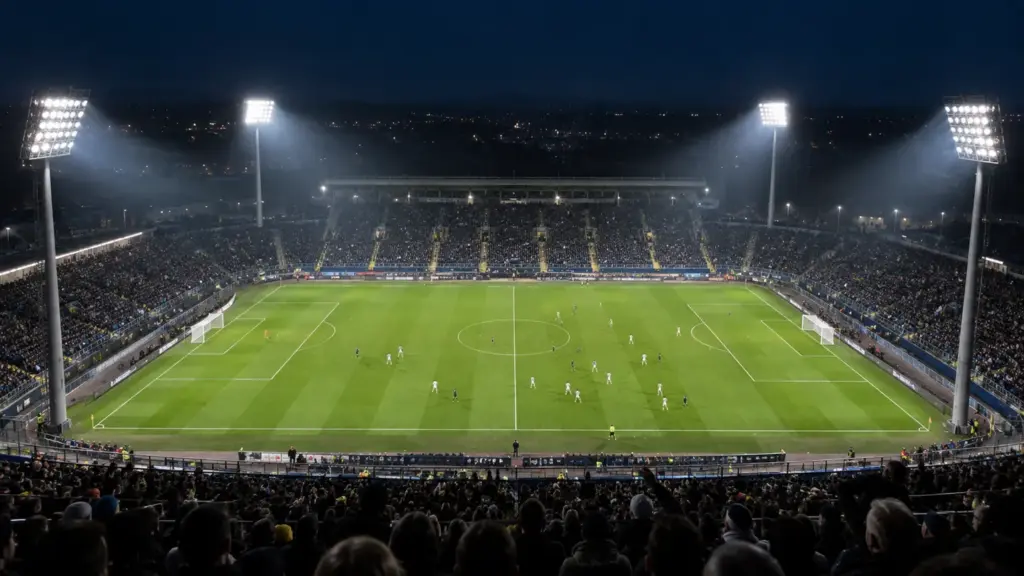 I pali dei proiettori che illuminano uno stadio di calcio di notte: questo articolo analizza il tema centrale del mercato dell’illuminazione degli stadi