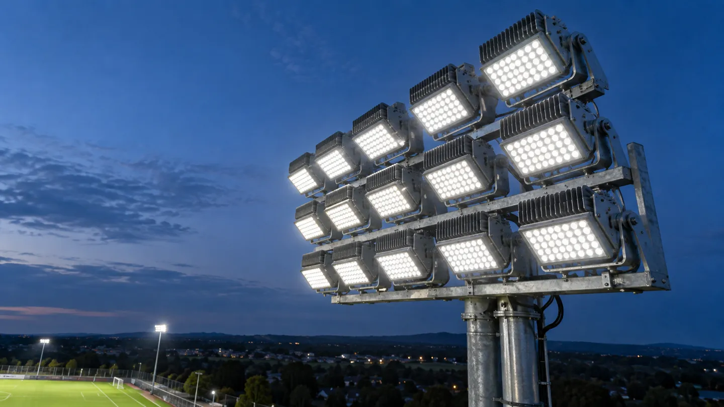 Un moderno sistema di proiettori sportivi a LED montato su un palo dello stadio: la tecnologia che sta guidando l’ondata di sostituzioni nel mercato dell’illuminazione degli stadi