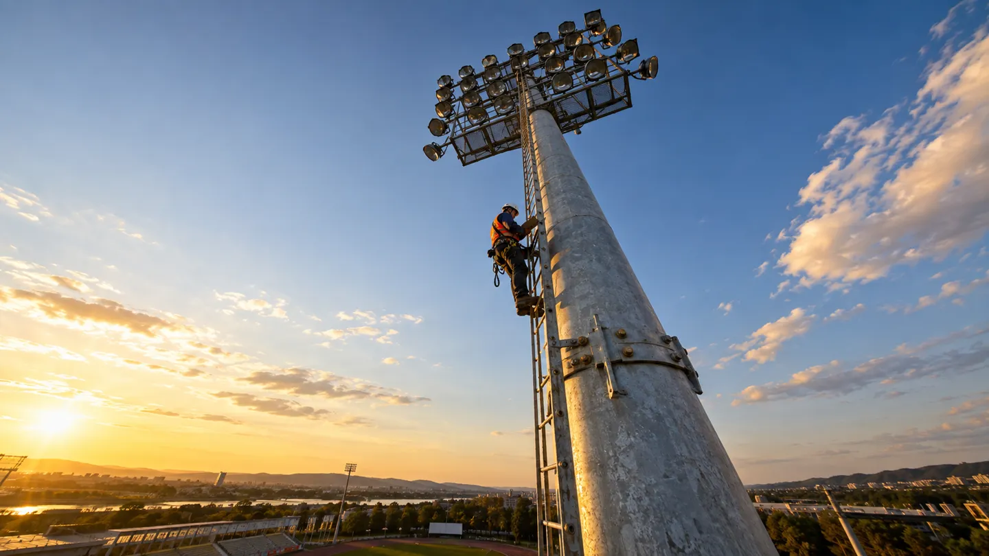 Un ingegnere strutturale che ispeziona un palo di illuminazione dello stadio ormai obsoleto prima di una riqualificazione a LED: il controllo del carico del vento e dell’EPA che determina se un’offerta di riqualificazione viene accettata