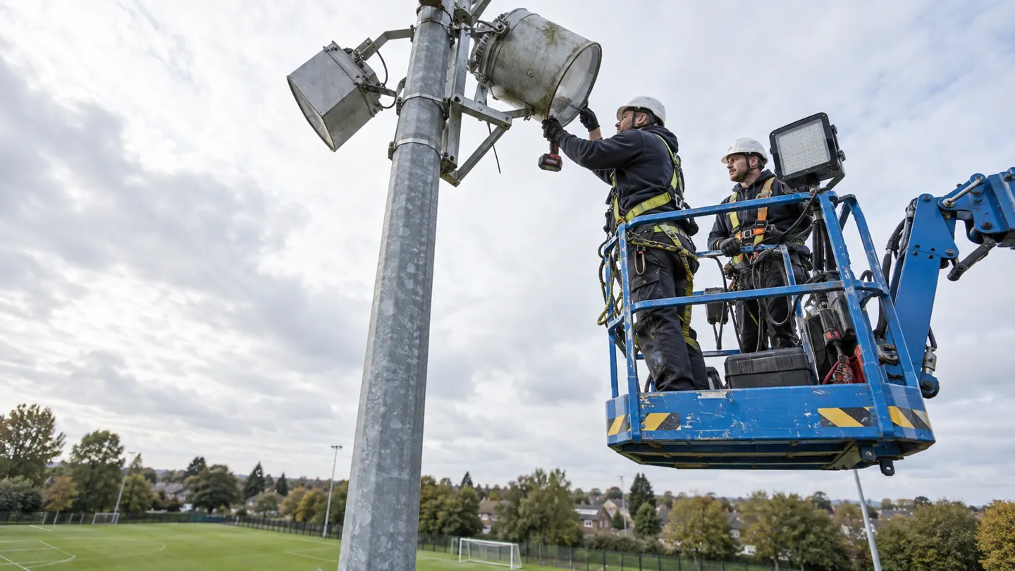 Tecnici impegnati a sostituire un proiettore ad alogenuri metallici con una testa a LED da una piattaforma aerea in un campo sportivo comunale: il percorso di riqualificazione del mercato dell’illuminazione degli stadi