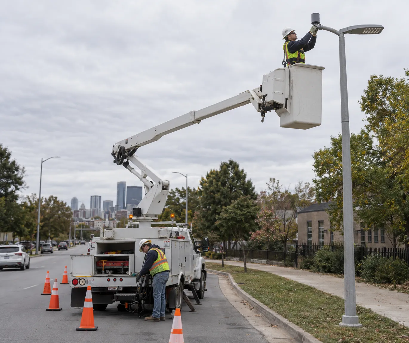 Técnico num camião com cesta a instalar um nó de controlo inteligente NEMA num candeeiro de rua LED; o trabalho no terreno por trás do segmento interligado do mercado da iluminação pública e rodoviária