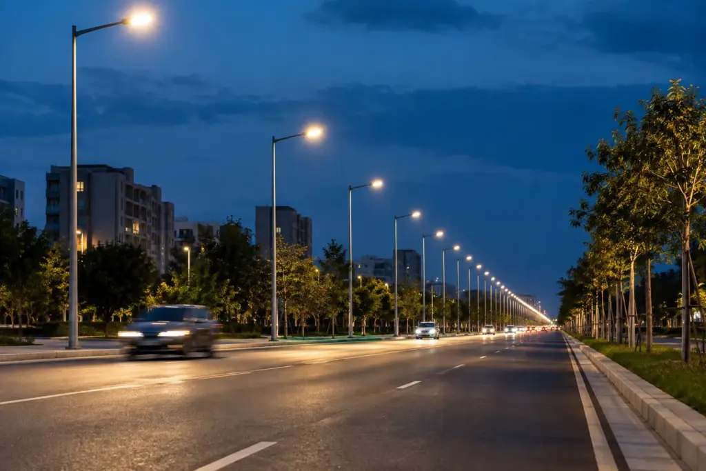 An urban arterial avenue at dusk lined with modern LED street lights, the physical backdrop of the street and roadway lighting market