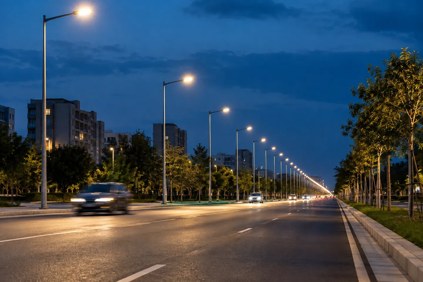 Uma avenida urbana principal ao anoitecer, ladeada por modernos candeeiros de rua LED, que constitui o cenário físico do mercado da iluminação pública e rodoviária
