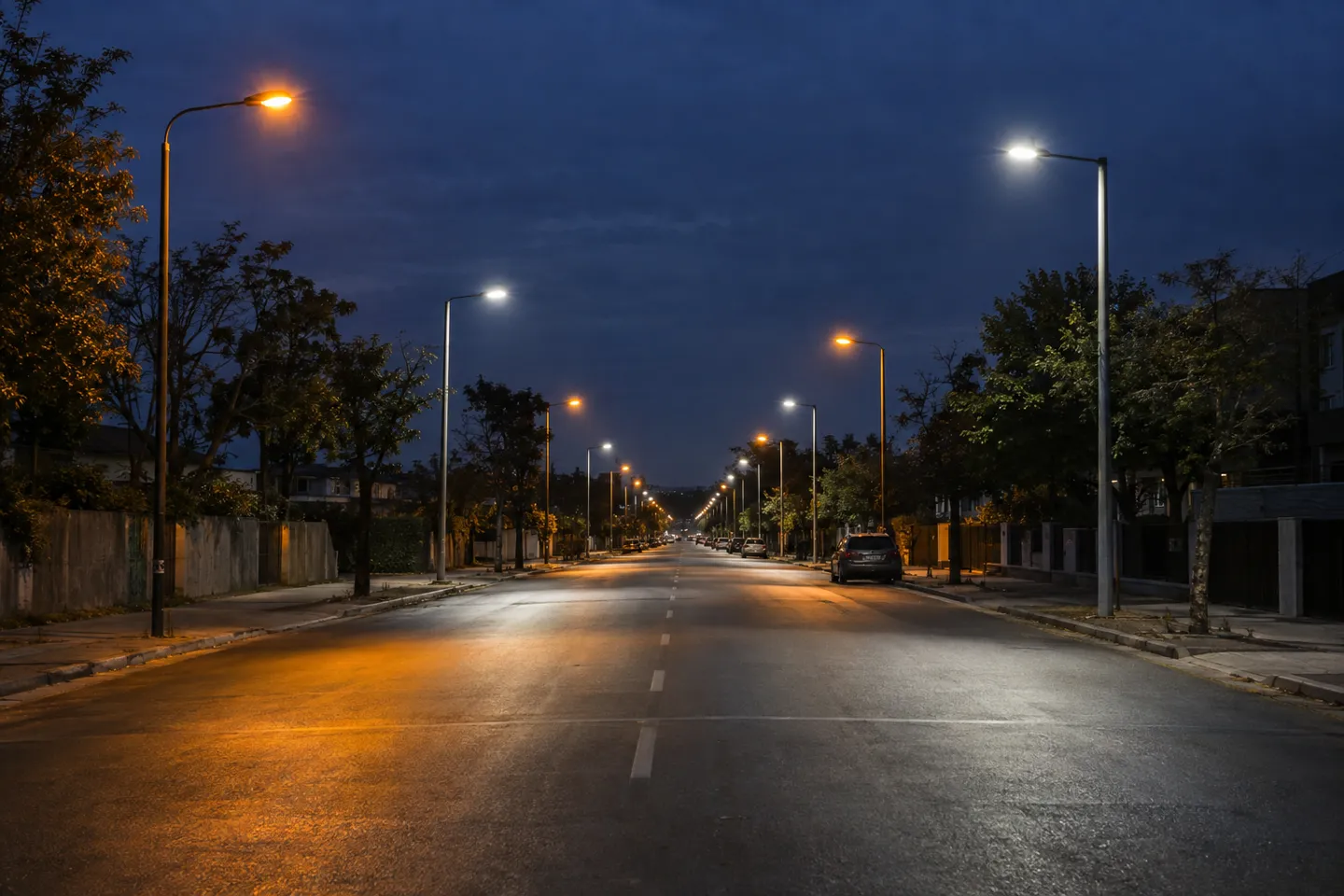 Uma via ao crepúsculo onde se alternam lâmpadas de sódio de alta pressão de cor âmbar e luminárias LED brancas, revelando que o parque instalado ainda aguarda a conversão no mercado da iluminação pública e rodoviária