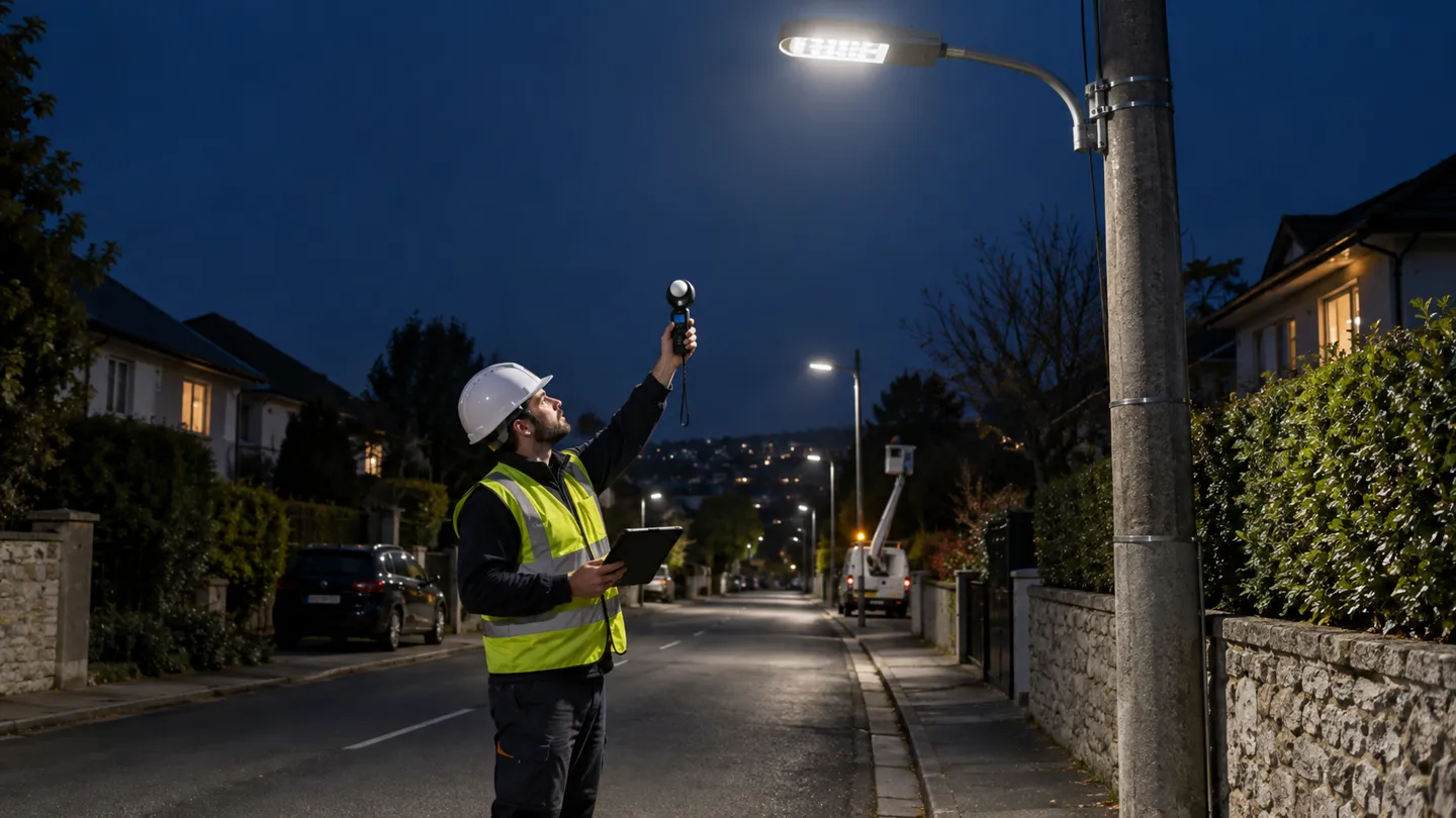 Technician in a high-visibility vest measuring an installed LED street light with a handheld light meter at night, verifying street light glare and photometric performance on site