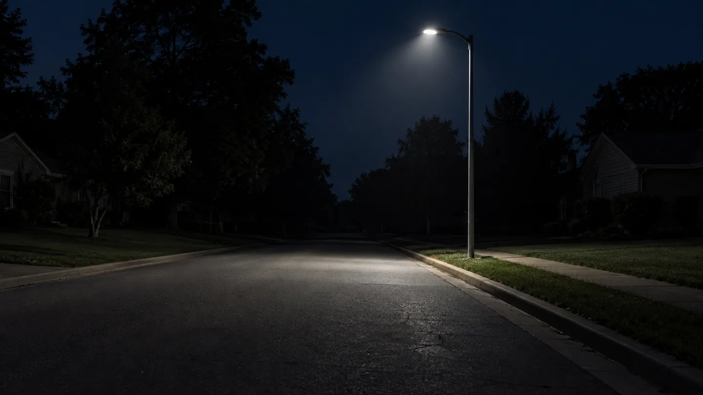 Modern full-cutoff LED street light casting a controlled pool of light on a quiet residential street at night, an example of street light glare kept under control