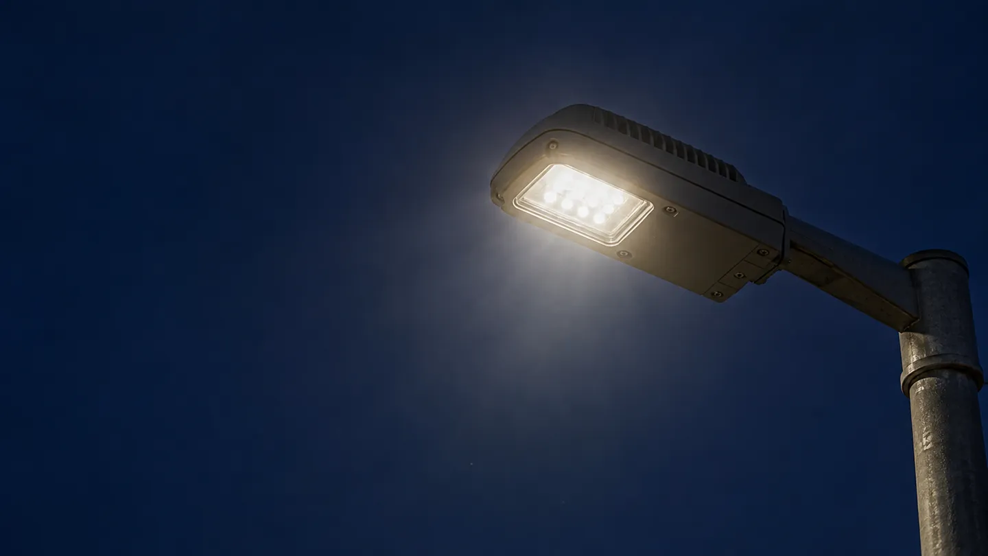 Close-up of a compact LED street light array glowing as an intense small point source against the night sky, the emitting surface behind most street light glare complaints