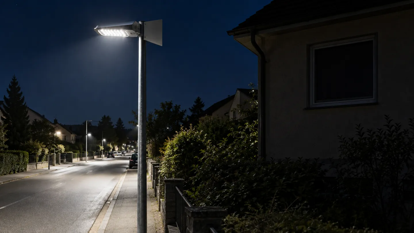 LED street light fitted with a house-side shield at night, the metal plate cutting off light toward a dark bedroom window while the roadway stays evenly lit