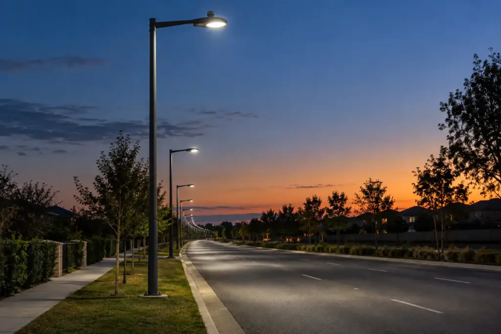 Una fila di lampioni a LED che si accendono automaticamente al calar del sole, ciascuno dei quali è controllato da un sensore fotocellula posto sulla sommità della testa del lampione.